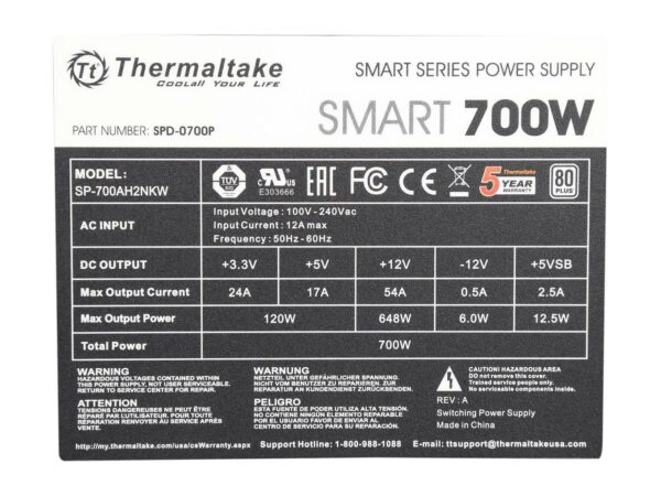 Thermaltake Smart Series 700W SLI / CrossFire Ready 80 PLUS ATX Power Supply PS-SPD-0700NPCWUS-W - Image 4
